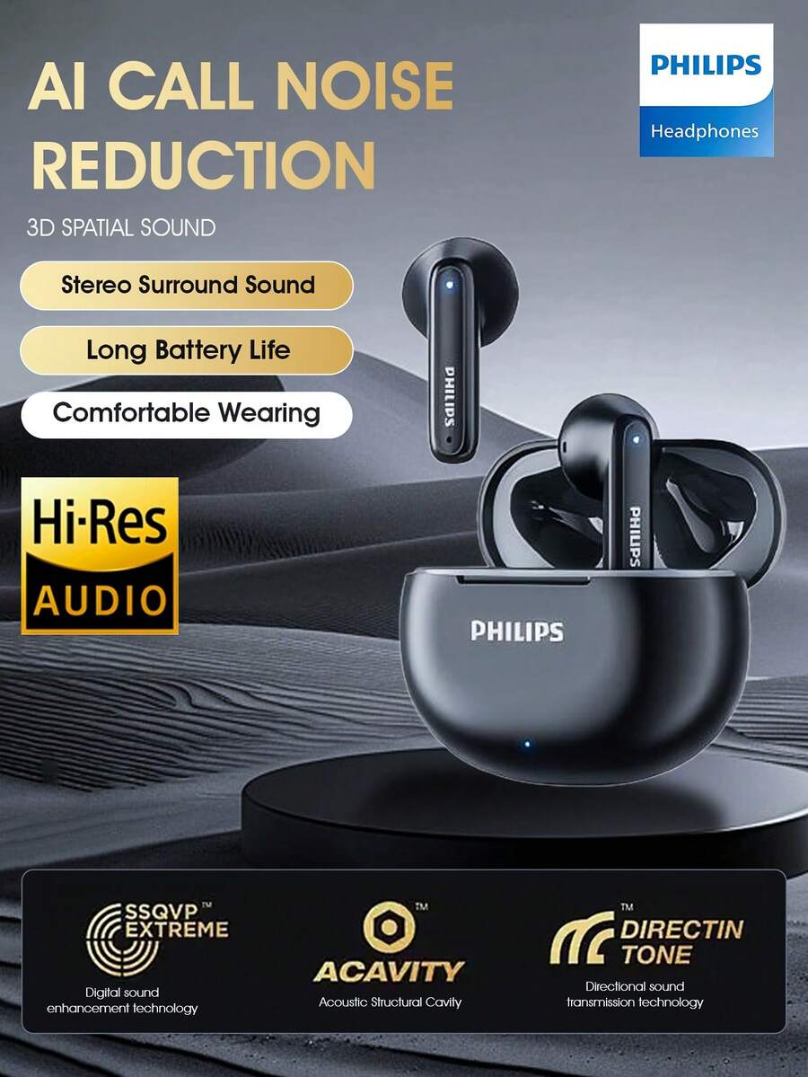 PHILIPS TWS Bluetooth wireless headphones, TAT1199,AI noise reduction,Spatial sound effects, long battery life, Low latency, waterproof for sports, non-pressure to wear