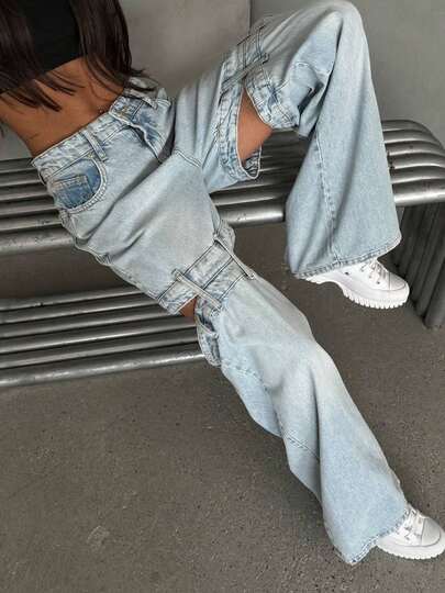 SQUALO Women's Wide Leg Color With Pocket Details Destroyed Retro Washed Street Style Jeans Ripped And Cutout Wide Leg Jeans