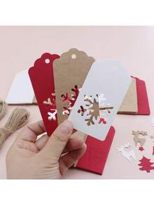 1 Set Handmade Christmas Tags With Twine, Hollowed-Out Christmas Tree, Snowflake, Deer Gift Hang Tags, Handmade Red Cards, Christmas Tree Decorations, Suitable For Halloween, Christmas, And Christmas Decor(30 Labels + 10m Twine)
