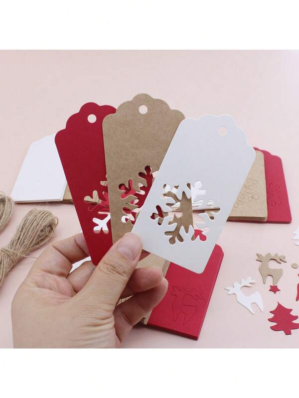 1 Set Handmade Christmas Tags With Twine, Hollowed-Out Christmas Tree, Snowflake, Deer Gift Hang Tags, Handmade Red Cards, Christmas Tree Decorations, Suitable For Halloween, Christmas, And Christmas Decor(30 Labels + 10m Twine)