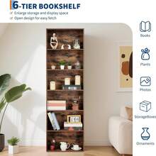 Wood Bookcase 6-Shelf Industrial Rustic Bookshelf, Heavy-Duty Tall Book Shelf With 6 Tiers For Storage, Organize Your Office, Living Room, Bedroom, Home Library Furniture  6-Tier Bookcase, 71.4" Tall Bookshelf, Modern Open Storage Shelf For Living Room, Office, Bedroom Sturdy MDF & Particleboard, Easy Assembly - 棕色 - 查看 4