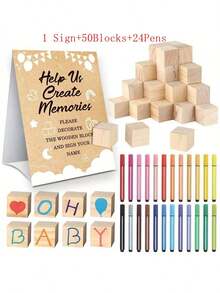 Baby Shower Decorate A Block Game Set Includes Help Us Build Memories Sign 20/30/50Pcs DIY Blank Wooden Block 24 Paint Marker Prize For Wedding Baby Shower Game - 多色-Help Us Create Memories立卡木塊馬克筆遊戲套裝 - 查看 8
