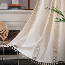 Boho Curtain Crochet Lace Patchwork Semi-Blackout Bohemian Handmade Tassels, Rod Pocket Window Treatment Vintage Rustic Farmhouse Drapes For Bedroom, 1 Panel 59" W X 108" L, Beige - 米色拼布59寬x108公升1包 - 查看 1