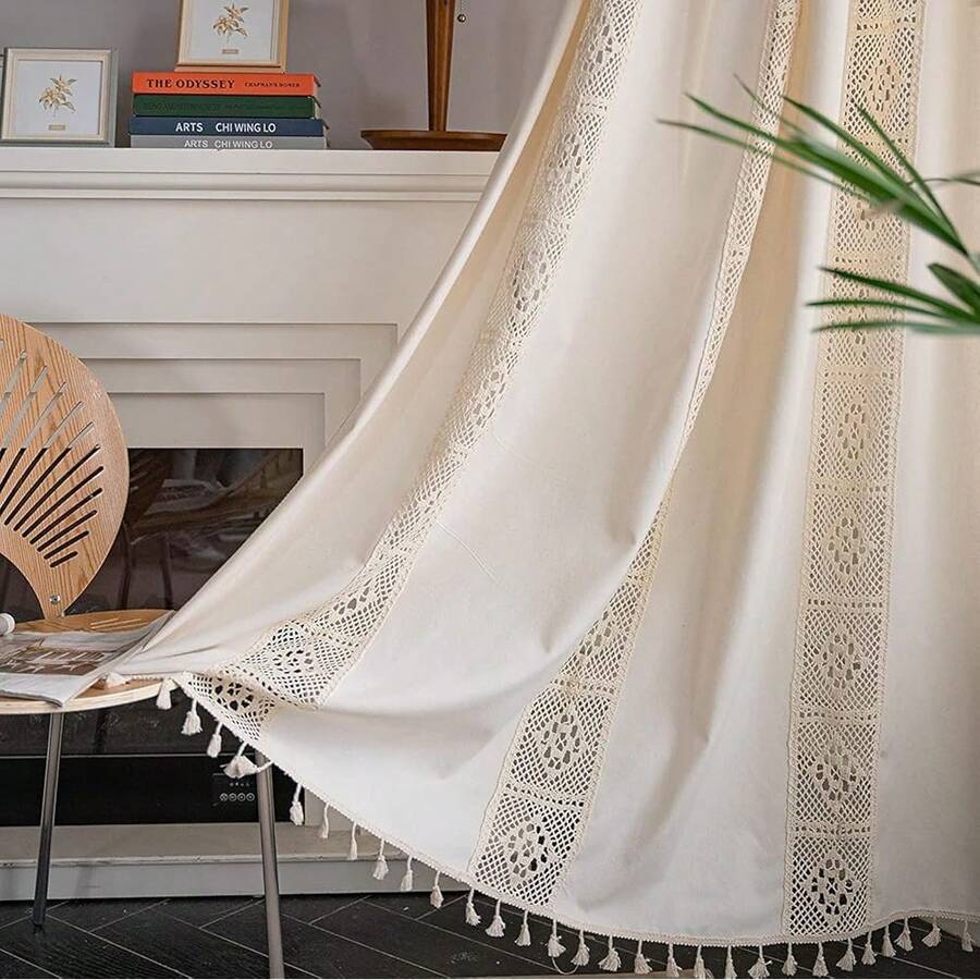 Boho Curtain Crochet Lace Patchwork Semi-Blackout Bohemian Handmade Tassels, Rod Pocket Window Treatment Vintage Rustic Farmhouse Drapes For Bedroom, 1 Panel 59" W X 108" L, Beige - 米色拼布59寬x108公升1包 - 查看 1