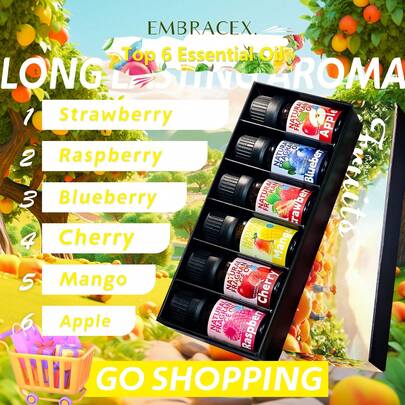 EMBRACEX. 6pcs/1pc 10ml Fruit Essential Oil Set | Mango, Apple, Cherry, Strawberry, Blueberry, Raspberry Fragrance | For Home Diffuser, Candle Making | 6pcs Fresh Aroma Set, Suitable For Diffuser/Scented Candle/Room Spray/Air Freshener/Sleep Aid/Stress Relief/Baking/DIY Candle Making