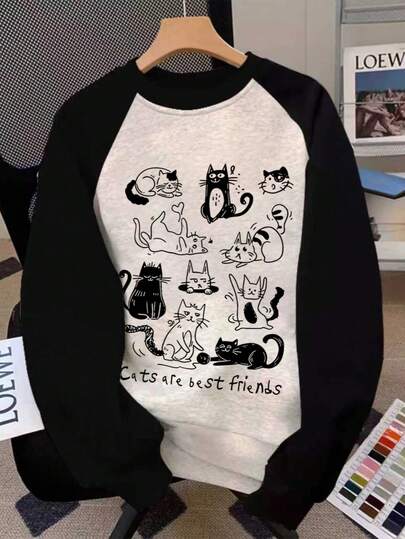 1 件青少年女孩圆领可爱活泼猫咪主题彩色拼布色块宽松运动衫、长袖套头衫、返校、毕业