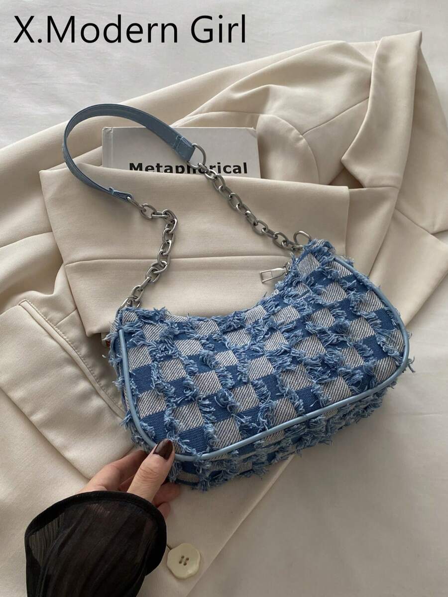 Fashionable Versatile Solid Color New Floral Print Shoulder Bag, Casual Minimalist Baguette Small Square Bag For Women - Blue - View 1