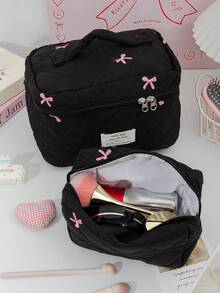 Bolsa de cosméticos con patrón de lazo bordado en rosa, bolsa de almacenamiento de cosméticos acolchada de espuma, bolsas de maquillaje de viaje lindas, bolsa de almacenamiento de artículos multifunción, bolsa de gran capacidad - Negro - Ver 7