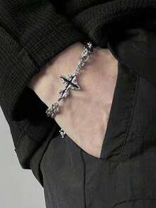 1pc Fashionable Unisex Cross & Star Decor Chain Bracelet, Suitable For Halloween Surprise - 銀色 - 查看 3