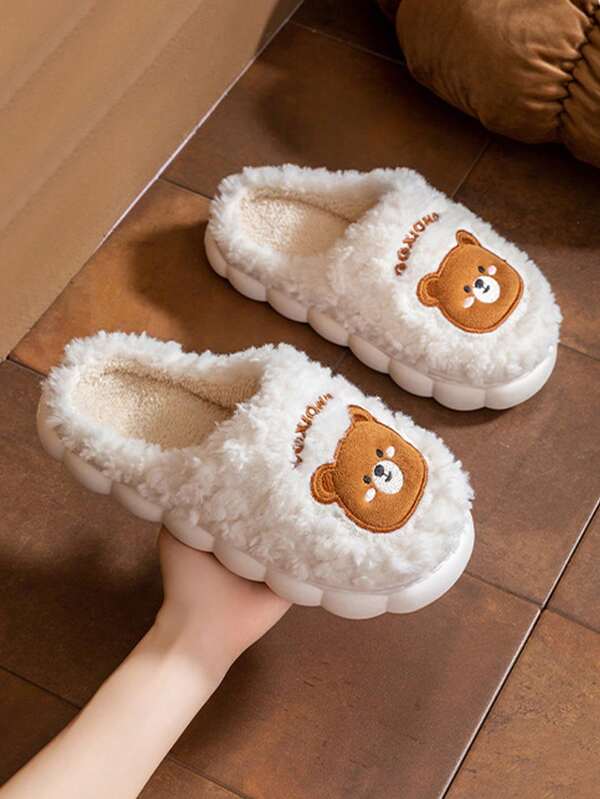 Papuci termici drăguți cu ursuleți pentru bărbați și femei, confortabili pentru interior, antiderapanți, cu căptușeală groasă de plus, calde, pentru toamnă/iarnă, cu desene animate