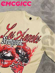 EMCGICC Street Life Men's Y2k Style (250 Cotton T-Shirt) Long Sleeve Shirt, Cotton Graphic T-Shirt, Men's Hip Hop Style - Long Sleeve T-Shirt, Fun Vintage Shirt, Regular Fit, Street Style, Halloween, Digital Print, Ideal Gift - 米色 - 查看 3