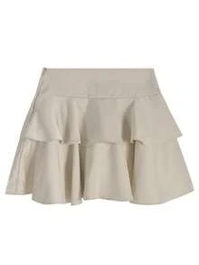 2 件套女士纯色无袖层叠荷叶边下摆宽松休闲露背上衣和裙子，春夏 - 杏色 - 查看 7