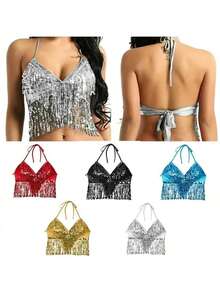 Traje de disfraz con lentejuelas y flecos, traje de danza del vientre con lentejuelas, traje de cantante sin espalda para bares y calles - Multicolor - Ver 1