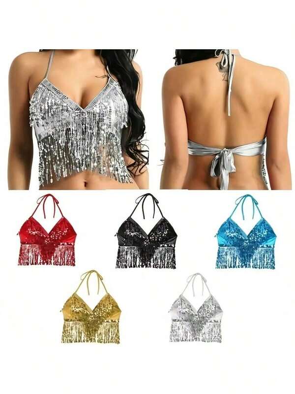 Sequined Tassel Costume Suit Belly Dance Costume Sequin Singer Backless Street Shot Bar Costume