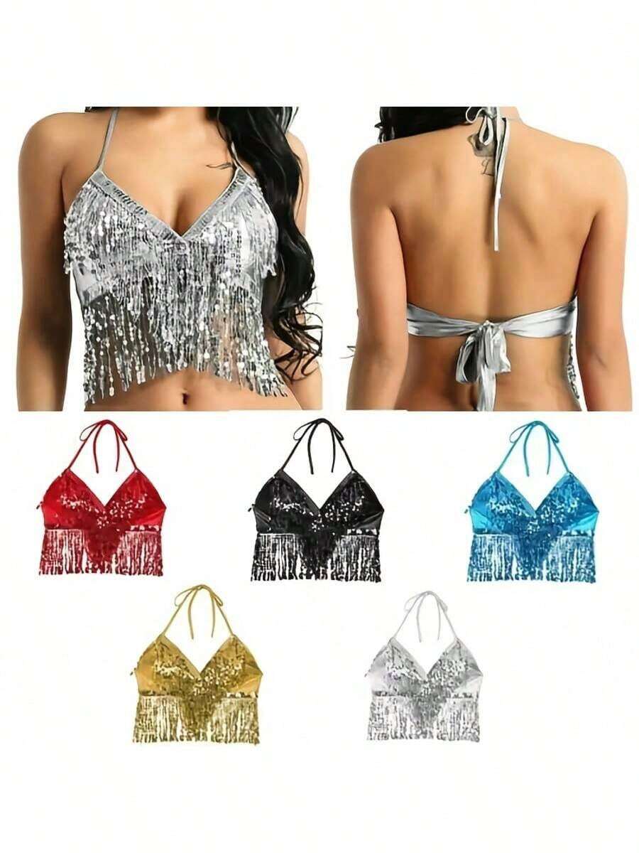 Traje de disfraz con lentejuelas y flecos, traje de danza del vientre con lentejuelas, traje de cantante sin espalda para bares y calles - Multicolor - Ver 1