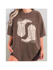 Camiseta T-shirt Unissex Algodão Boots Retro Cowgirl Feminina - Marrom - Visão 1