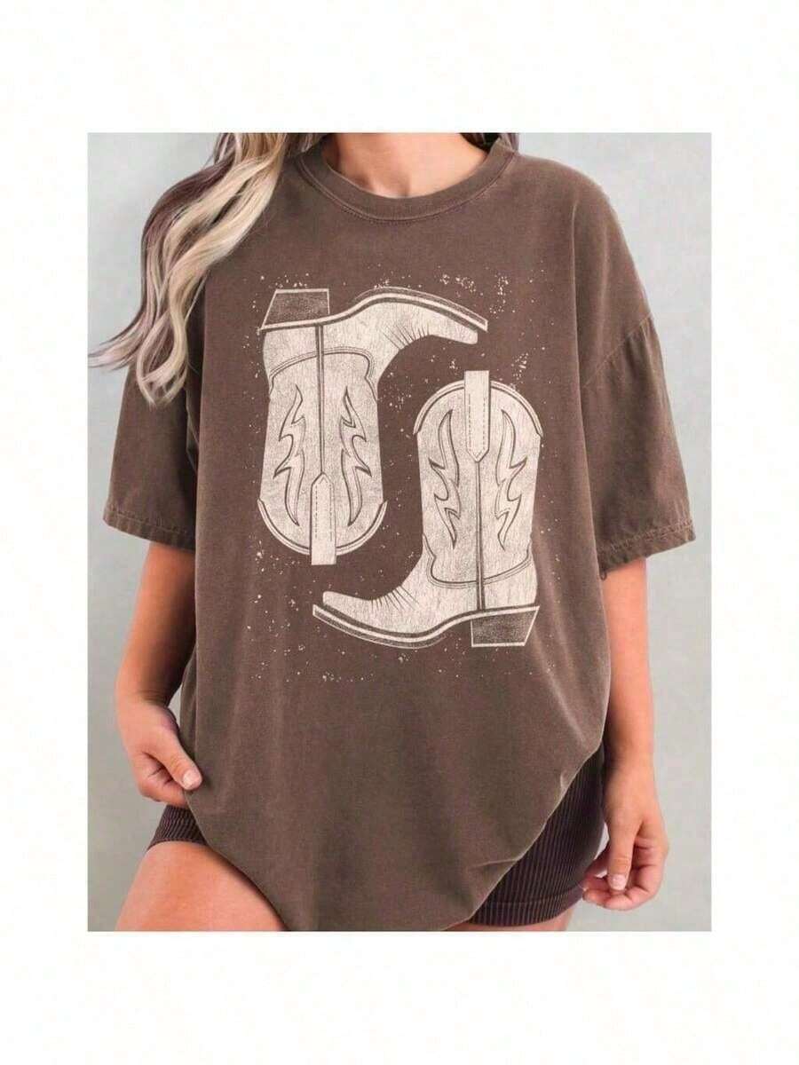 Camiseta T-shirt Unissex Algodão Boots Retro Cowgirl Feminina - Marrom - Visão 1