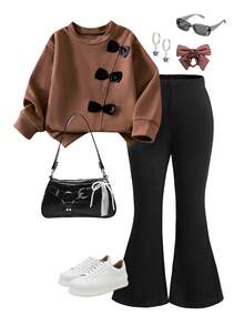 Bộ áo nỉ và quần ống loe trang trí nơ cho bé gái tuổi teen - Cà phê nâu - Xem 9