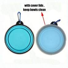 带盖折叠宠物碗，可折叠狗/猫旅行碗，适合徒步旅行、露营、户外活动，蓝色和绿色