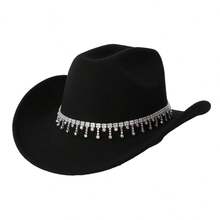 Stylish White Western Cowboy Hat With Rhinestone  Fringe For Party  Vacation - Black - View 6