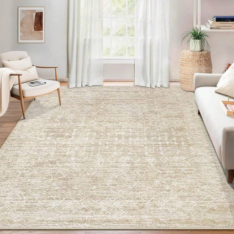 Large Washable 6x9 Area Rug: Boho Moroccan Geometric Neutral, Non-Slip Foldable Indoor Floor Carpet For Living Room, Bedroom, Dining Table - Beige, 6X9 - Krem Maroko - View 1