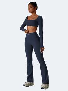 MFVIM Women's 2 Pieces Yoga Set: Square-Neck Fitted Yoga Top & High-Waist Elastic Yoga Pants. Casual Outdoor Sports Fitness Suit, Suitable For All Seasons. - Blue Power - 查看 7