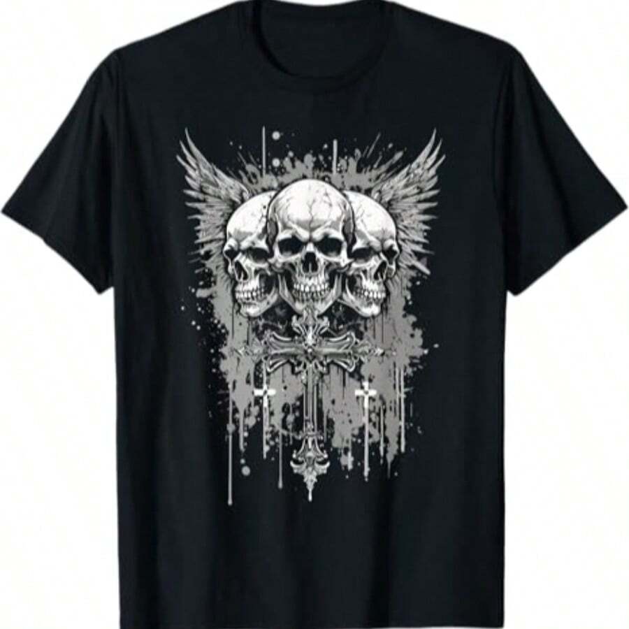 Veenajo Men's Gothic Graphic Tees Skull Print Drop Shoulder Short Sleeve Y2K Streetwear Tshirt Top - 黑色2 - 查看 1