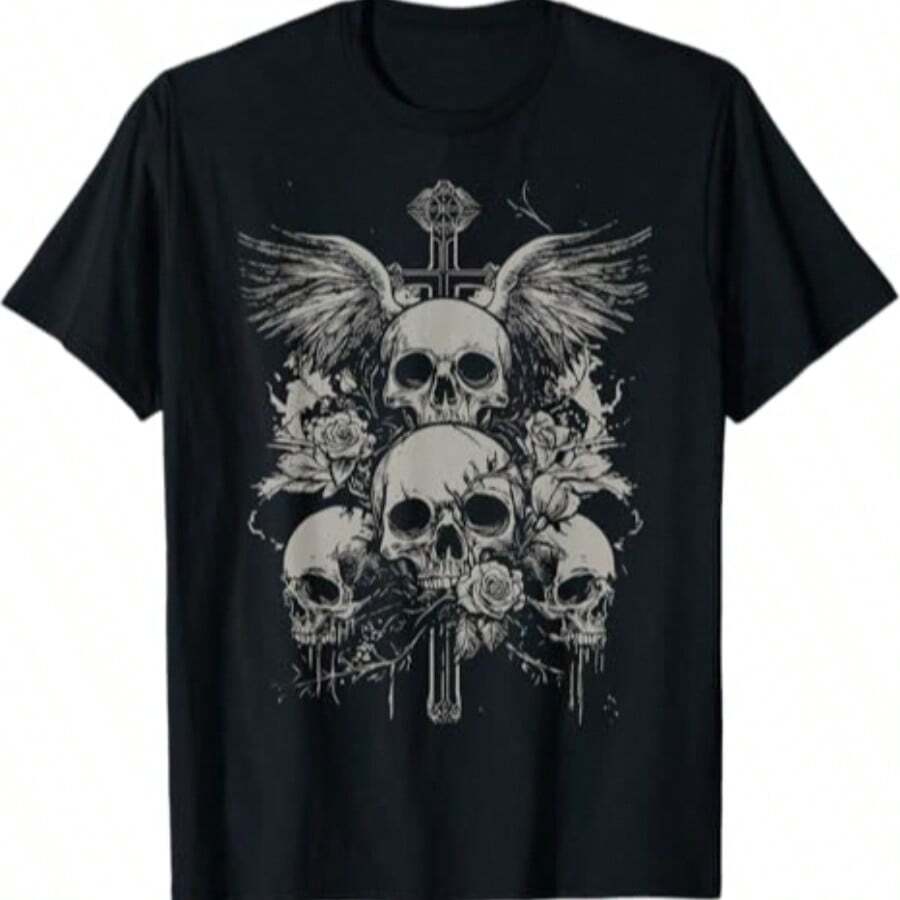 Veenajo Men's Gothic Graphic Tees Skull Print Drop Shoulder Short Sleeve Y2K Streetwear Tshirt Top - 黑色5 - 查看 1