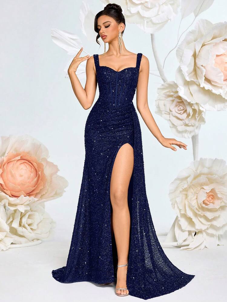 Elisanya Sequin Thick Strap Sweetheart Neck High Waist Long Tie Back Slit Dress, Suitable For Prom, Party, Formal Dinner, Graduation, Birthday, Date Night, Homecoming, Wedding Guest - Navy Blue - View 6
