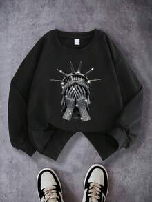 Teen Boy Clothes Street Fashion Statue Pattern Print Oversized Loose Long-Sleeved Round-Neck Sweatshirt - Black - View 2