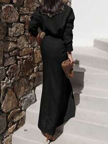 女士休闲长袖衬衫和口袋中长裙套装，秋季 - 黑色 - 查看 4