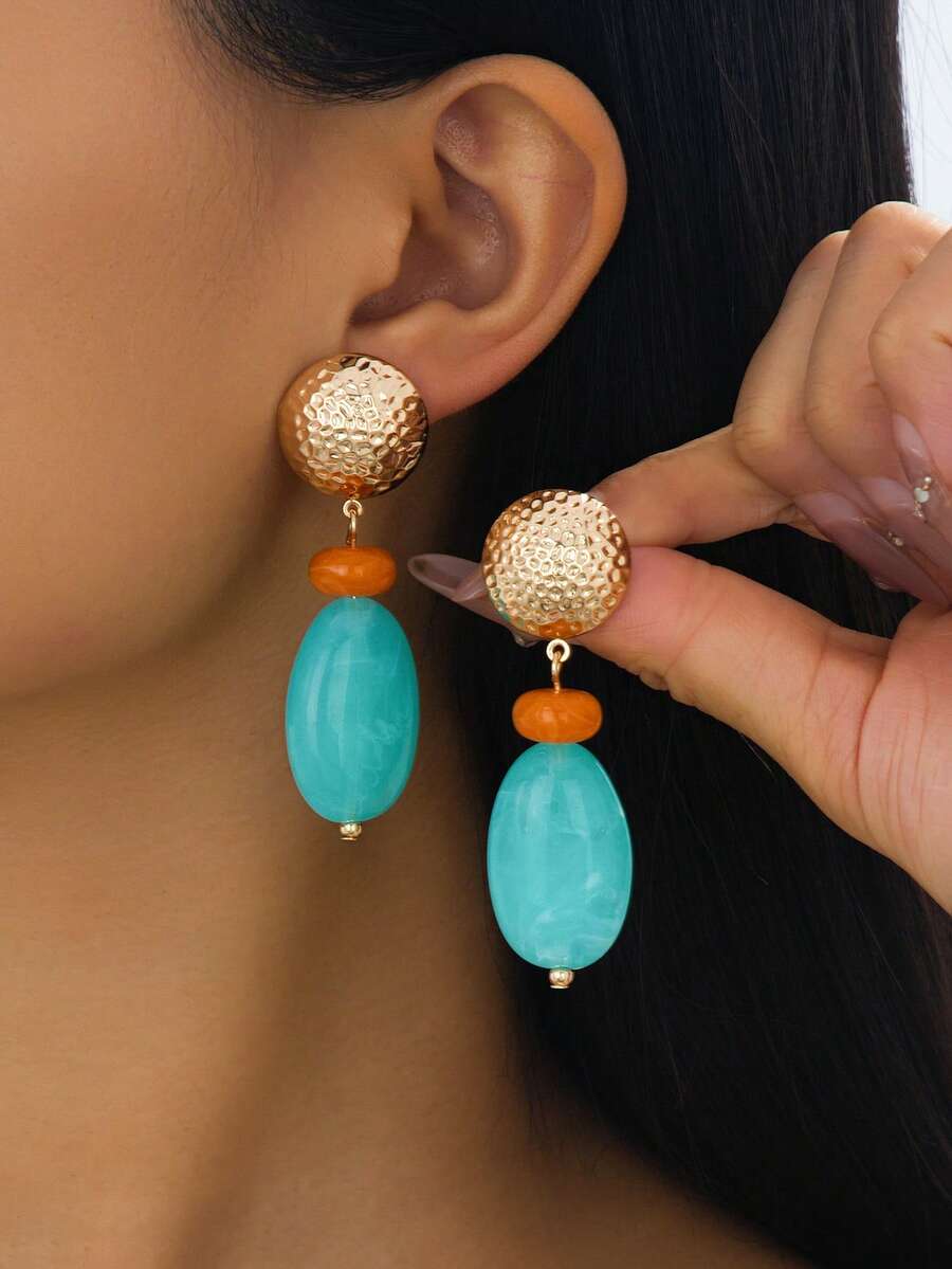 两款波西米亚风格优雅性感的不对称几何波纹玉石树脂吊坠和圆形心形耳环套装，适合聚会、度假和节日。 - 藍色樹脂耳環 - 查看 1