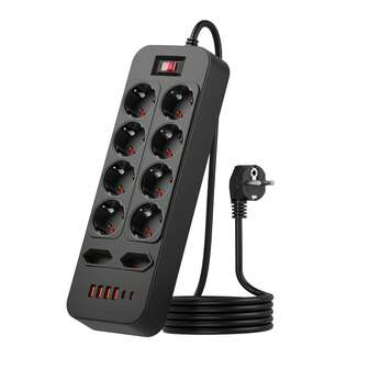 10-Outlet Power Strip With 4 USB Ports & 2 Type-C, 1.8m Extension Cord, Matte Black/White, Suitable For Living Room, Kitchen, Bedroom, Office