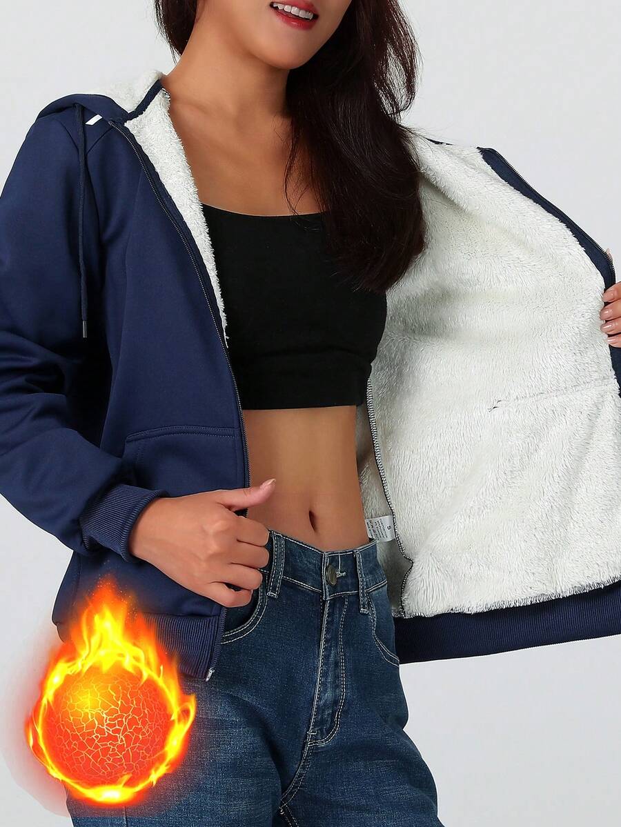 女士保暖连帽外套，简约纯色，常规长度，休闲风格，适合日常穿着，秋冬季 - 藍色 - 查看 1