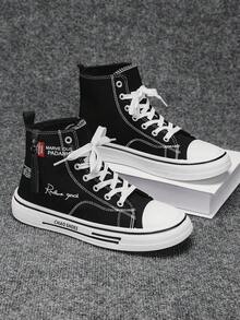 男士极简时尚平底基础款黑色和蓝色三层硫化高帮帆布运动鞋 - 黑色 - 查看 3