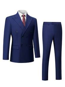 Men's 2-Piece Double-Breasted Suit Set With Peak Lapel, Slim Fit Blazer And Trousers For Formal Occasions - Màu xanh hải quân - Xem 3