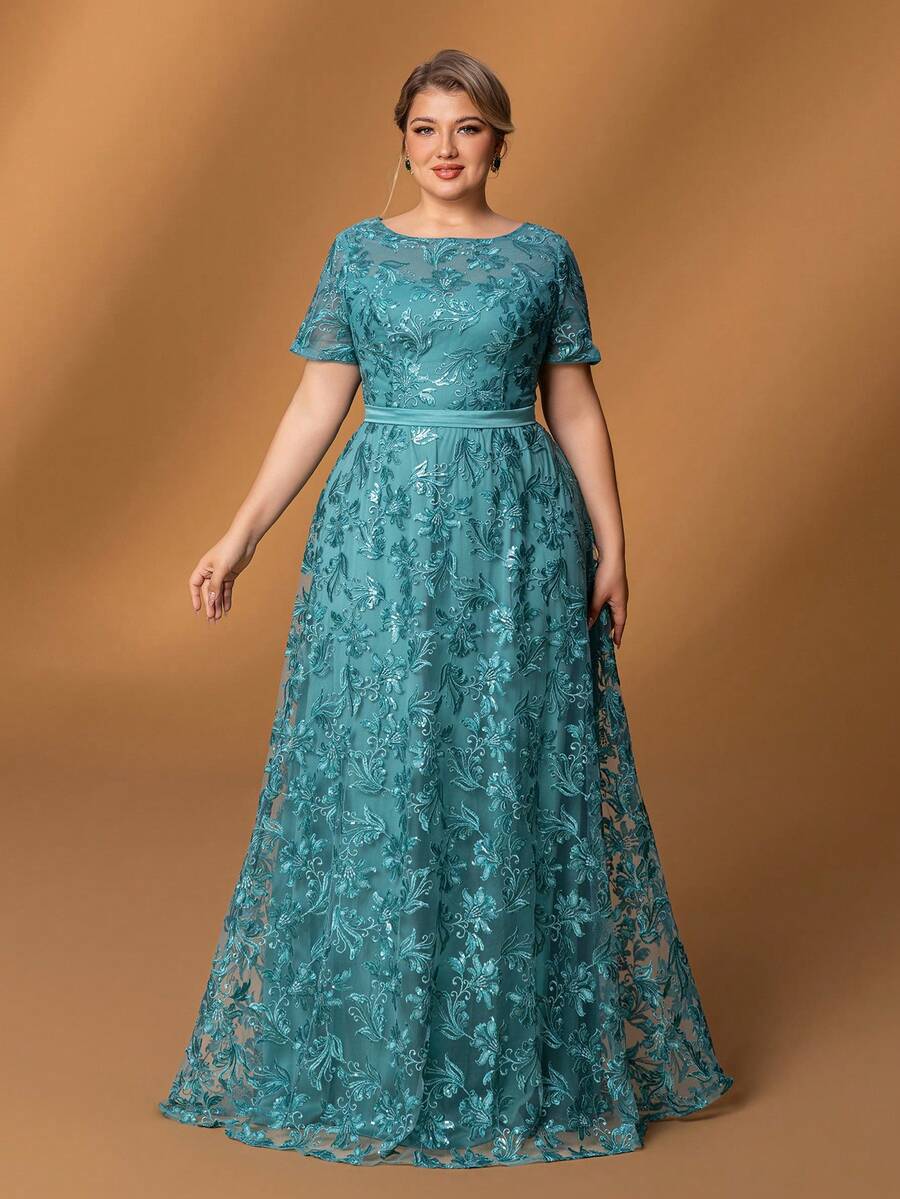 Faeriesty Mosy Plus Short Sleeves Floral Sequin Mother Of The Bride Dress&Wedding Dress&Formal Party Dress&Long Evening Gown