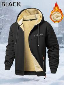 1 pièce Veste à capuche décontractée pour homme en polyester, à manches longues, avec peu d'élasticité, ourlet ouvert, fermeture à glissière, style régulier, manteau d'automne et d'hiver, version épaisse - Noir - Voir 4