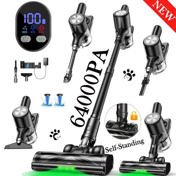 Cordless Vacuum Cleaner, 64 Kpa Suction Power, 60 Min Runtime, Upgraded  Green Floor Brush,Self-Standing Stick Vacuum With Wall Mount Charging, 3 Modes For Pet Hair, Carpet & Floor