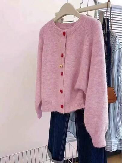 Vintage Heart Button Solid Color Wool Sweater, Round Neck Women's Knitted Cardigan, Minimalist & Versatile, Autumn/Winter