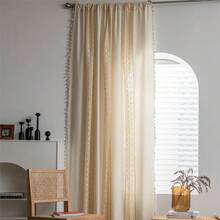 Boho Curtain Crochet Dots Patchwork Semi-Blackout Bohemian Handmade Tassels, Rod Pocket Window Treatment Vintage Rustic Farmhouse Drapes For Living Bedroom, 1 Panel 59" W X 96" L, Beige - 米色圓點拼布59Wx96L一包 - 查看 3