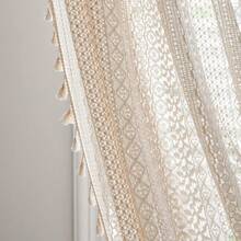 Boho Curtains Crochet Lace Semi-Sheer Bohemian Hollow Knitted Handmade Tassels, Rod Pocket Window Treatment Vintage Rustic Farmhouse Drapes For Living Bedroom, 1 Panel 59" W X 84" L, Beige - 米色鉤針編織 - 查看 7