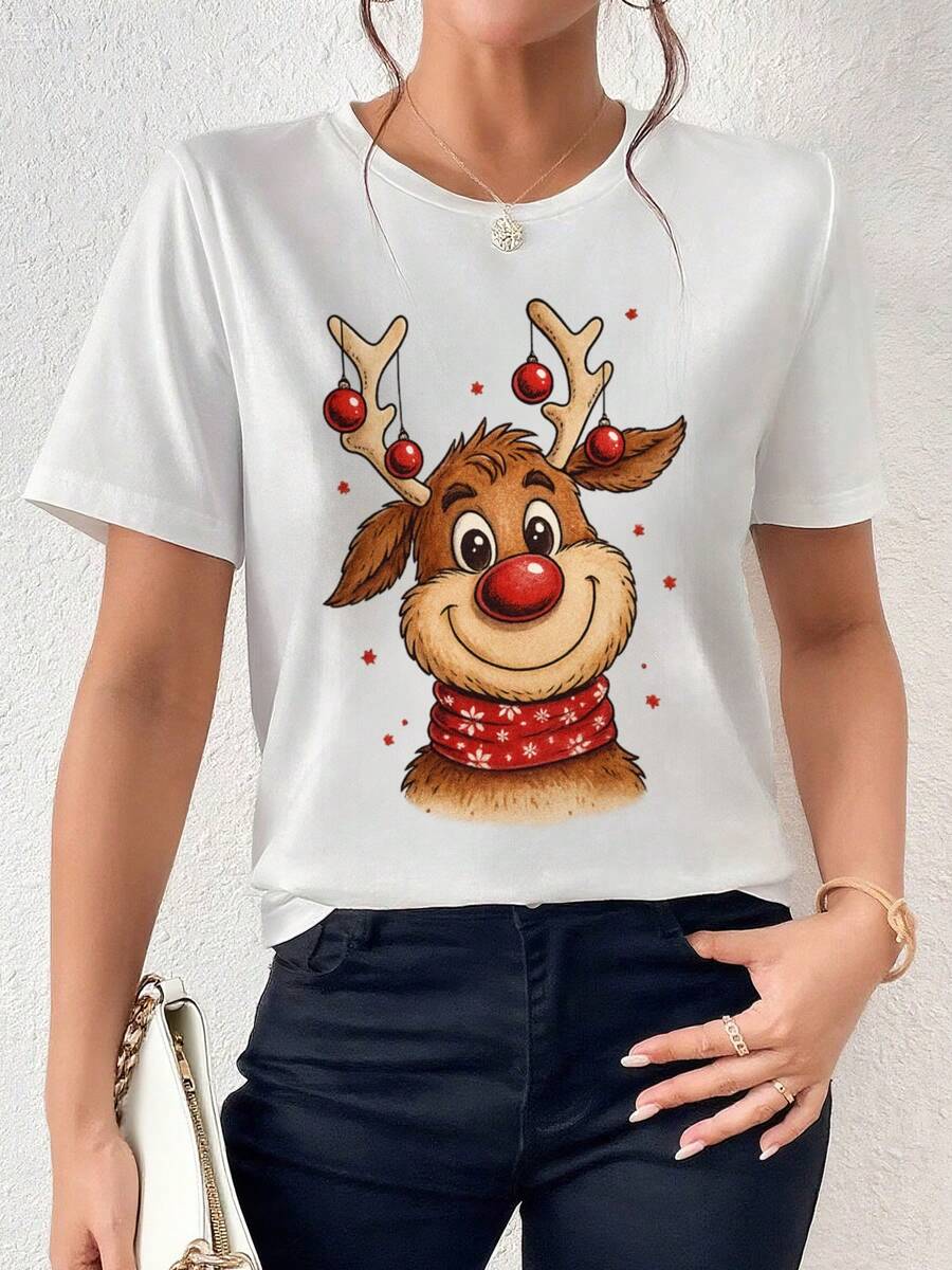 Playera Para Mujer,Divertido Navidad Reno - Camiseta Gráfica Regalo, Camiseta Manga Larga Casual Cuello Redondo Estampado Reno Dibujos Animados Lindos Navidad - Blanco - Ver 1