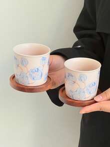 1pc Retro Minimalist Ceramic Coffee Cup & Saucer, Pink Matcha Cup, Coffee Latte Art Wooden Holder, Drinking Cup, Tea Cup, Coffee Cup