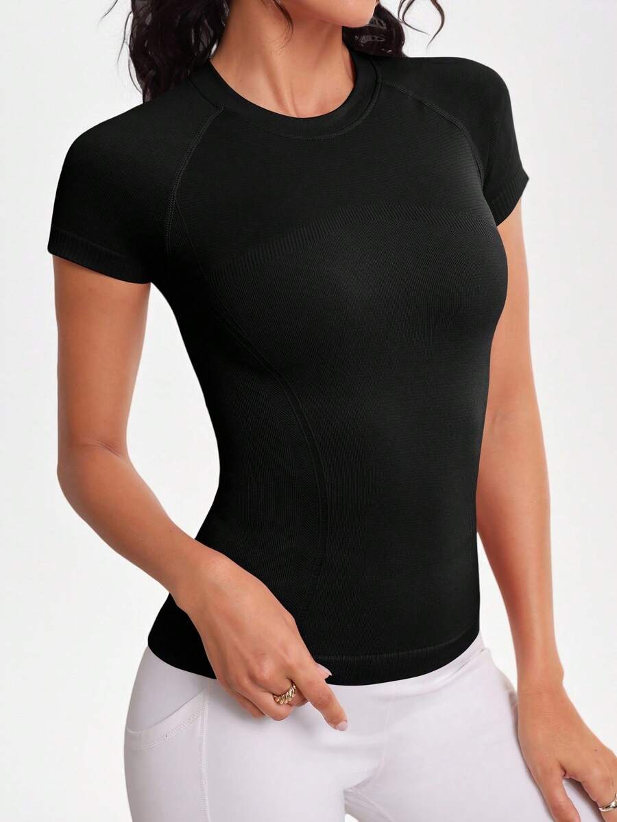 SHEIN Sports Solid Raglan Sleeve Sports Tee Fitted Shirt Compression Shirt