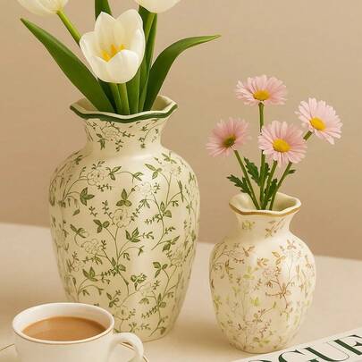 青花瓷花瓶 – 绿枝花卉图案陶瓷花瓶 | 中国风高脚和小花瓶 | 复古家居装饰和节日礼物