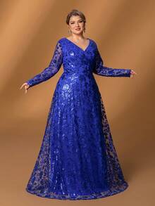 Faeriesty Mosy Elegant Plus-Size Mother Of The Bride Dress With Sophisticated V-Neck & Long Sleeves, Flattering A-Line Formal Gown For Weddings, Galas, Black-Tie Events, Evening Banquets, And Luxury Charity Functions - Royal Blue - View 2