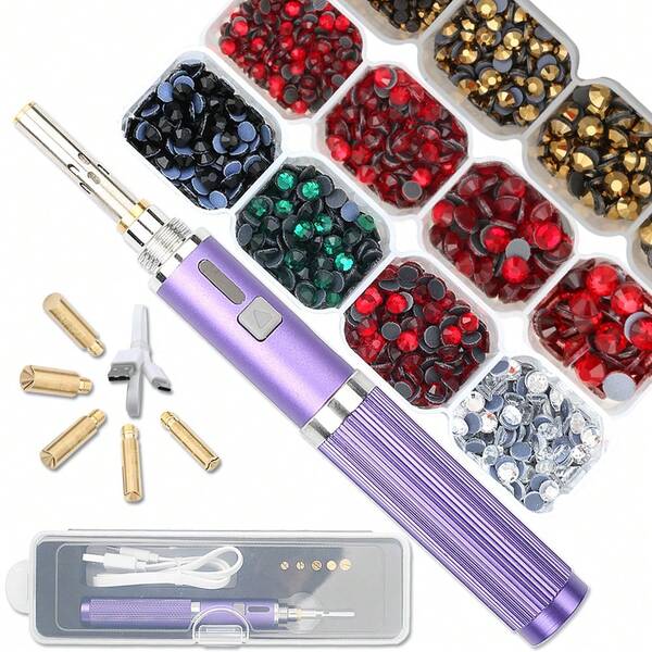 worthofirst جهاز تطبيق الراين ستون القابل للشحن مع صندوق زجاجي واحد من الراين ستون، مسدس غراء ساخن مدمج وأنيق وقلم إصلاح، مناسب لعدة سيناريوهات، ويمكن استخدامه كهدية