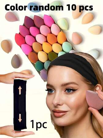 Svart pannband och dubbelfunktionell sminksvamp med ägg (slumpmässig färg) - Vattenbaserat PU-skum, parfymfritt hälso- och skönhetsverktyg, lämplig för concealer och foundation, 8-delad huvudbonad för kvinnor och män, elastiskt löparpannband i tyg, skönhetsaccessoarer för sport och fitness, slät textur