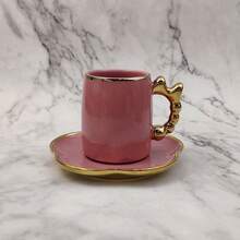 125ml Ceramic Coffee Cup & Saucer Set, Gold Bow Decor, Household Party Gift, Suitable For Drinking Coffee, Tea, Afternoon Tea, Electroplated In Various Colors